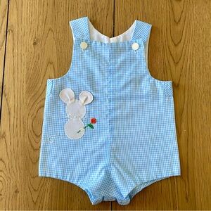 Vintage Blue Gingham Baby Romper Jon Jon with Mouse Appliqué Size 6-9 Months